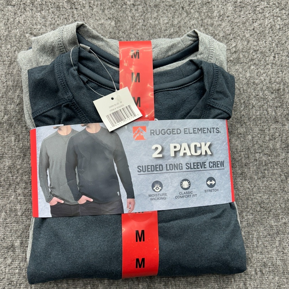 Rugged Elements Mens M Sueded Long Sleeve Crew Tee 2-pack Grey & Dark Blue